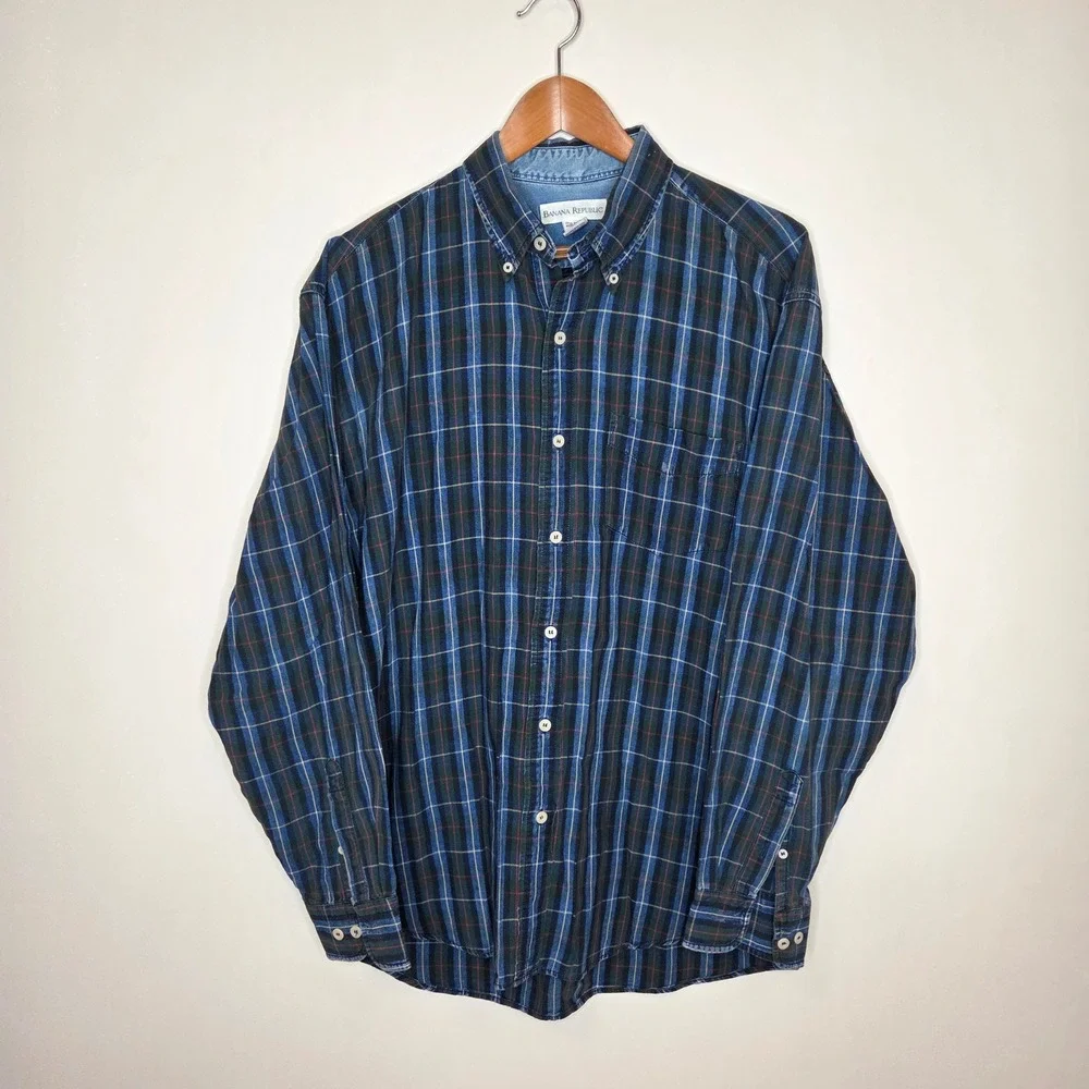Vintage Y2K Banana Republic Mens Large‎ Blue Plaid Cotton Button Down Shirt L